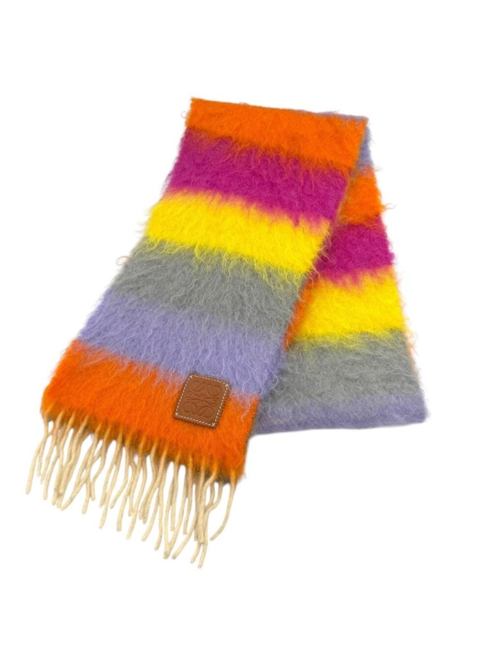 Loewe Mohair Wool Blend Anagram Leather Patch Border Fringe Scarf Multi